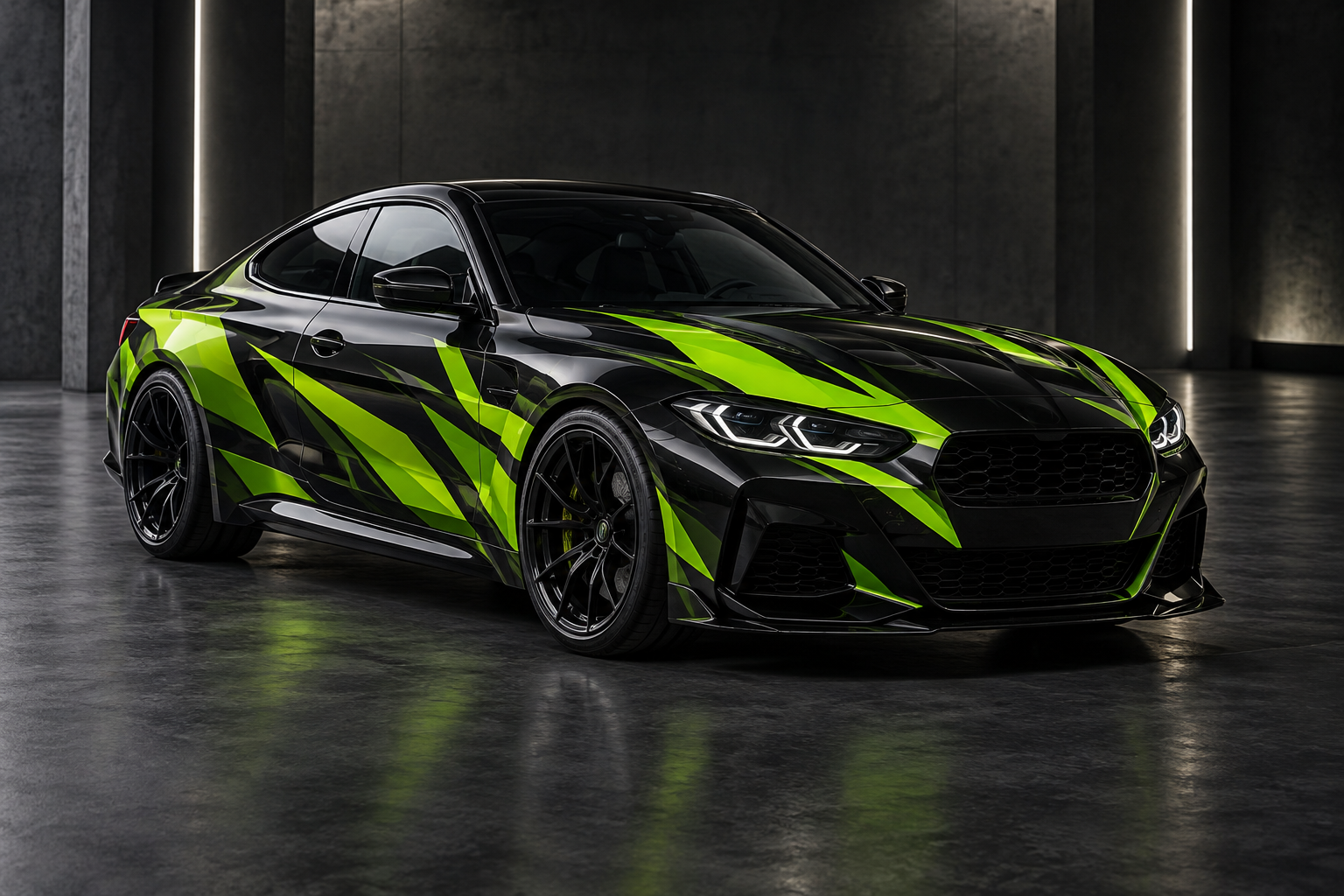 Design concept: a black performance coupe with an electric lime graphic wrap in a dark studio